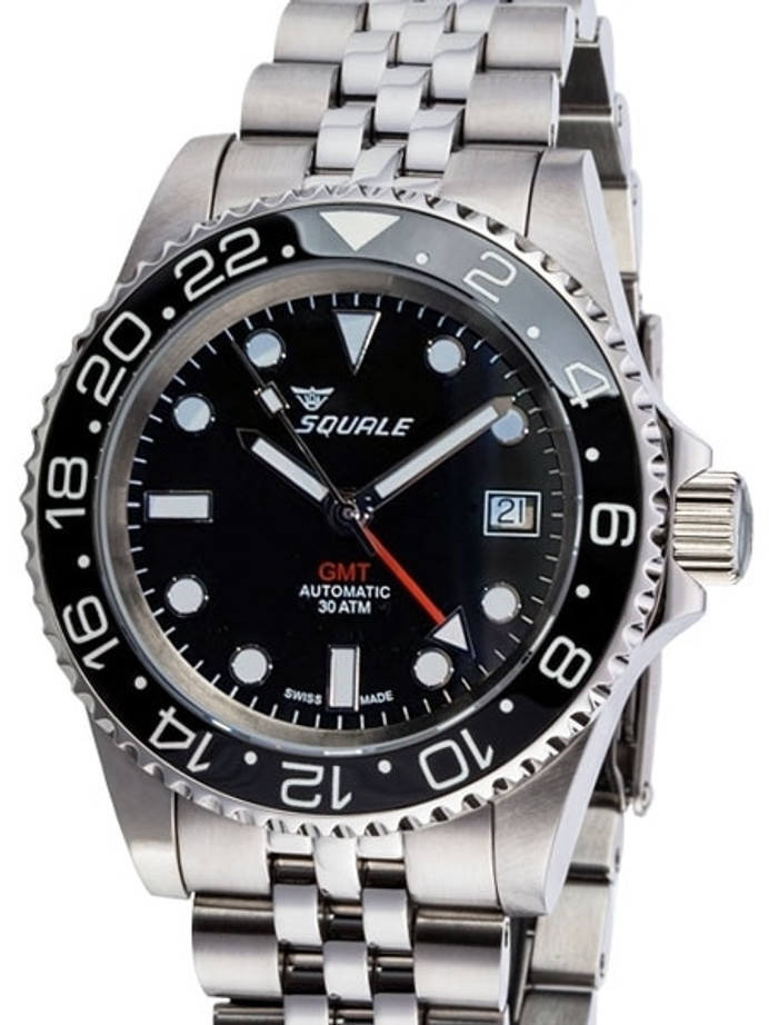 Squale 300 meter Swiss Automatic GMT watch with Luminous Ceramic Bezel, AR Sapphire Crystal #1545GM-CER-BK
